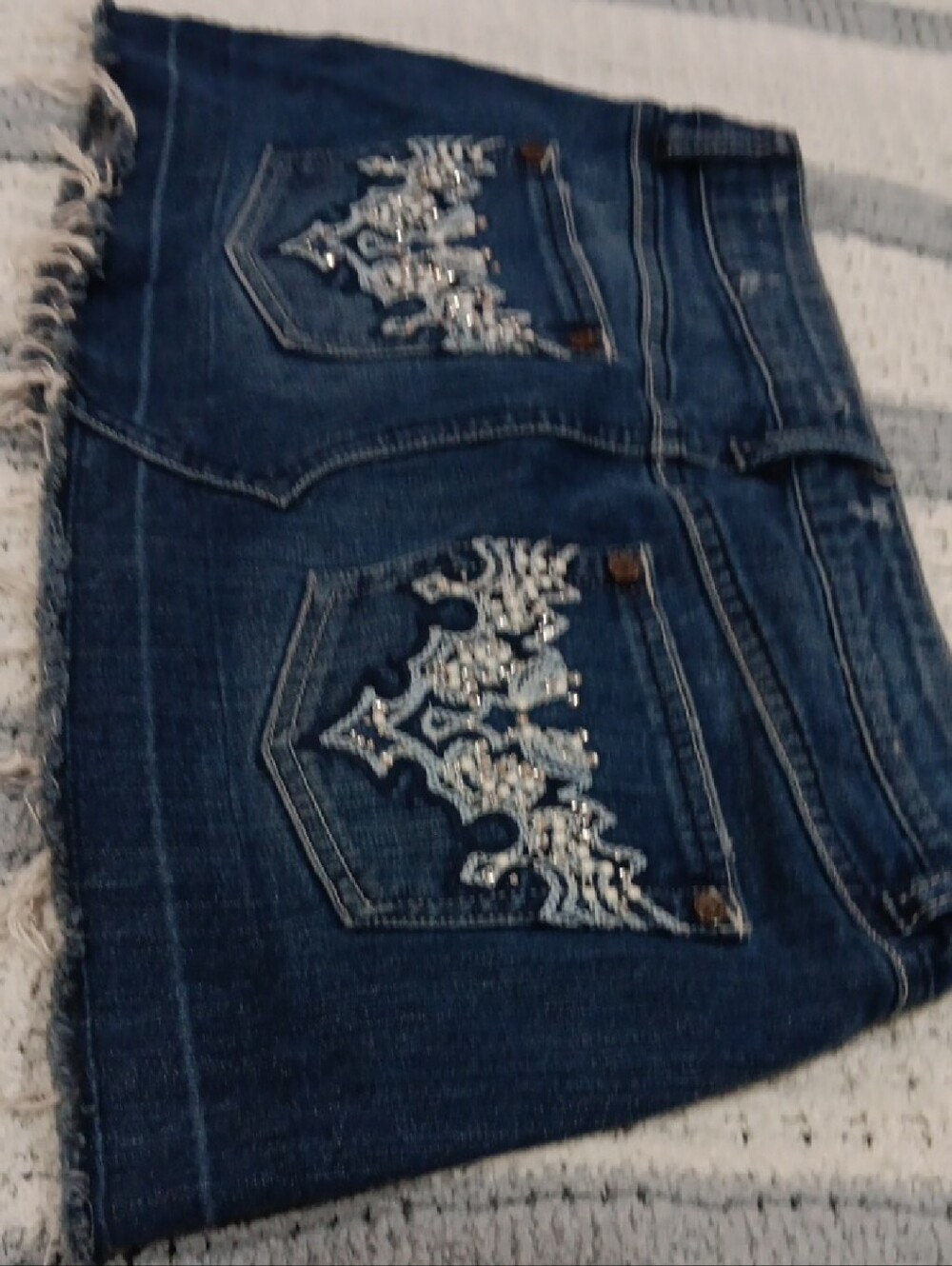 Vintage Y2K Squeeze Dark Blue Denim Mini Skirt with Silver Embellished Pockets